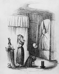 La dama de mediana edad en la habitación con dos camas, ilustración de 